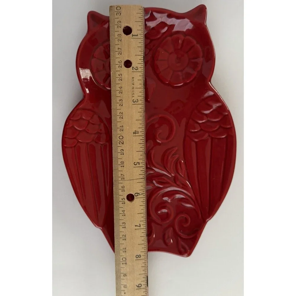 Owl Red Ceramic Spoon Rest Trinket Dish Decor Floral Scroll Glazed Garnet Fall